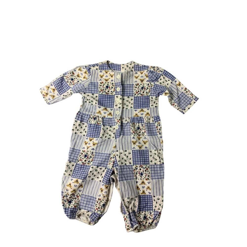 Vintage Miniwear Girls 6 9 Months Blue Patchwork Jumpsuit Romper Long Sleeve bea